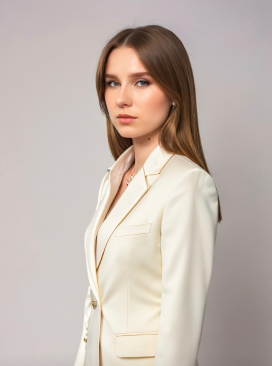 A woman in white jacket standing next to wall.