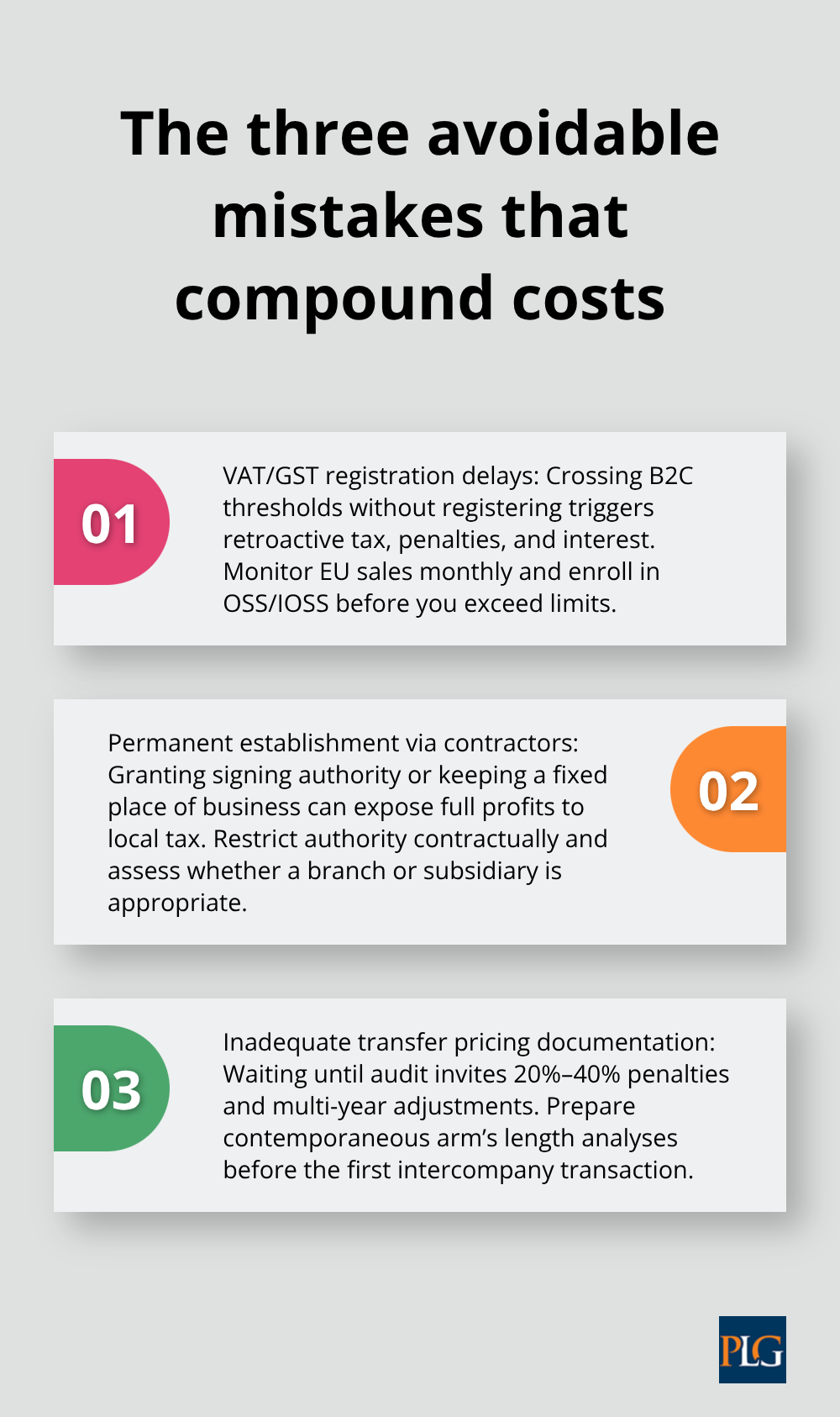 Stylized list of three common cross-border tax mistakes for U.S. startups - Cross-border tax startups