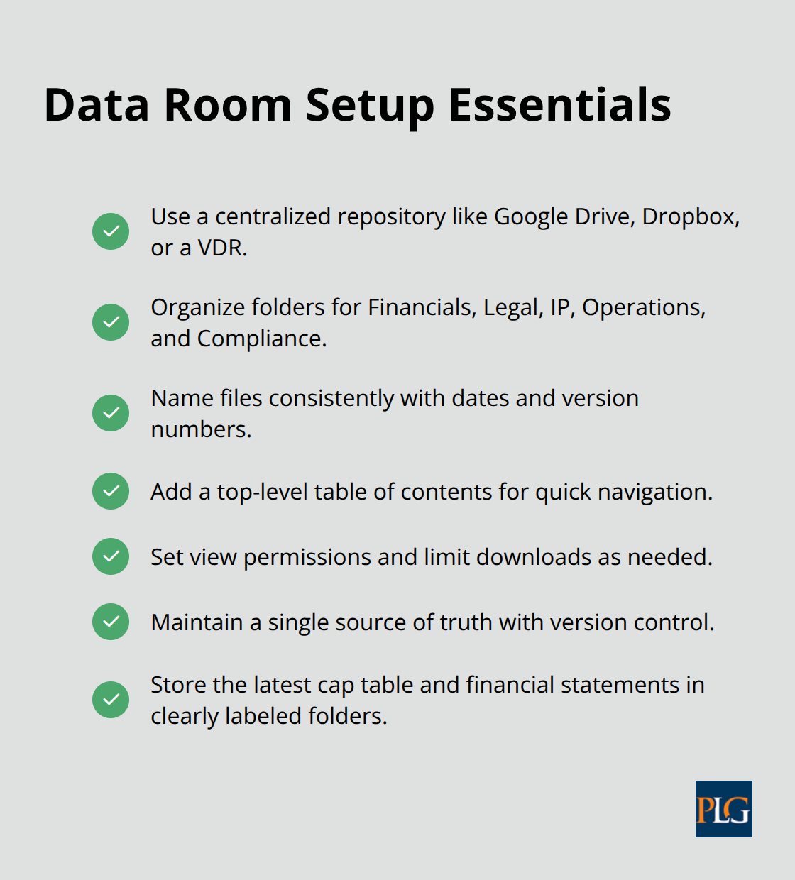Checklist of best practices to organize a startup data room for investor due diligence in the United States.