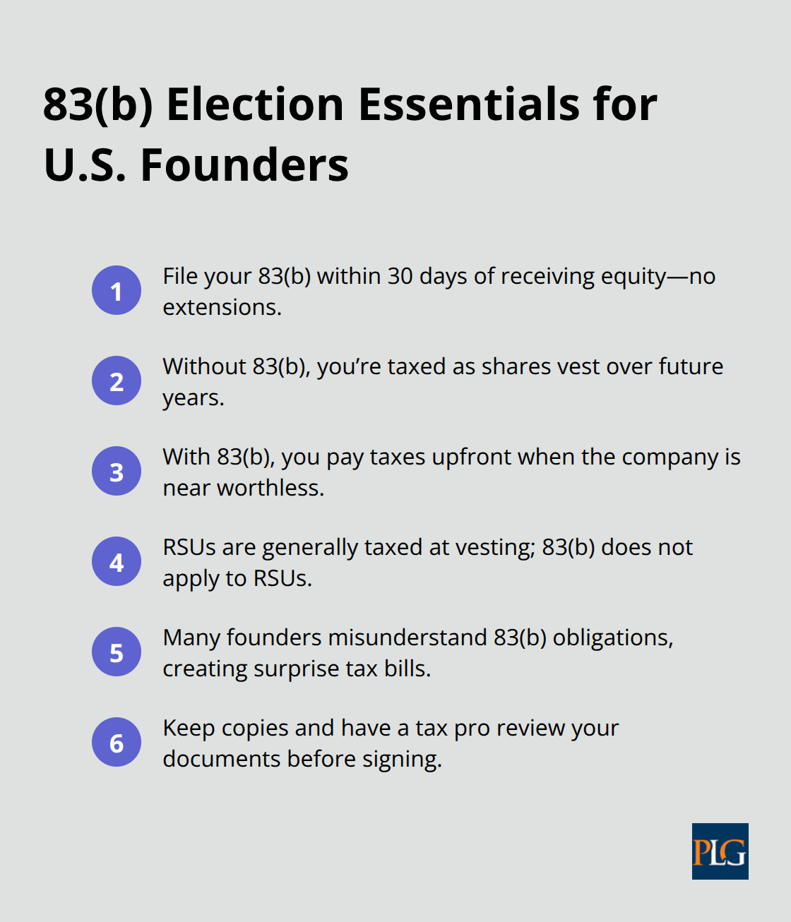 Compact checklist of key 83(b) rules, timing, and common pitfalls for startup founders in the United States.