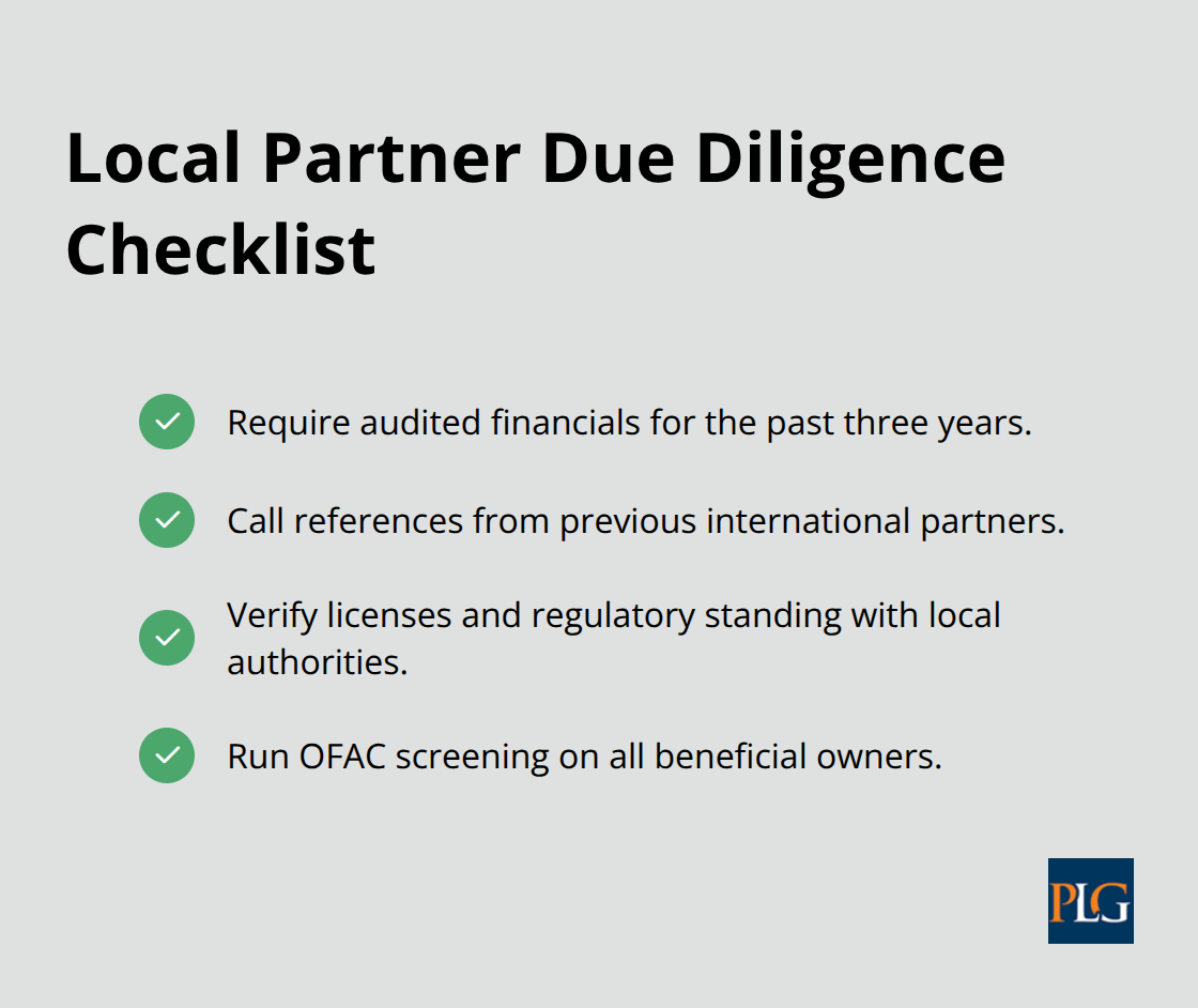 Checklist of essential steps to vet local partners in cross-border deals. - Global corporate law