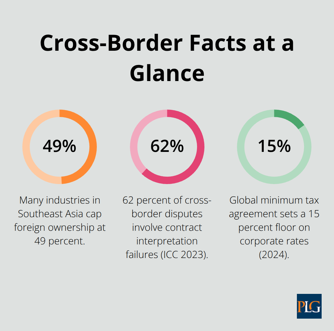 Key cross-border percentages on ownership caps, dispute causes, and global minimum tax. - international corporate law