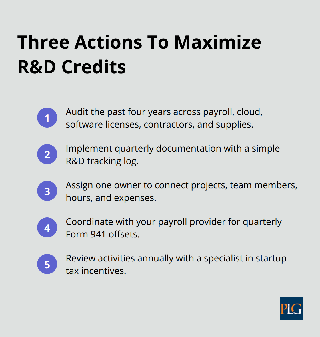 Compact checklist of year-round actions to capture R&D credits - R&D tax credits startups