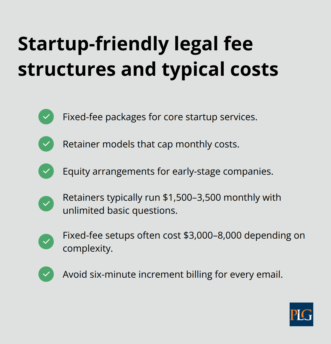 Checkmark list of fee models and common cost ranges for San Francisco startup legal work - san francisco startup lawyer