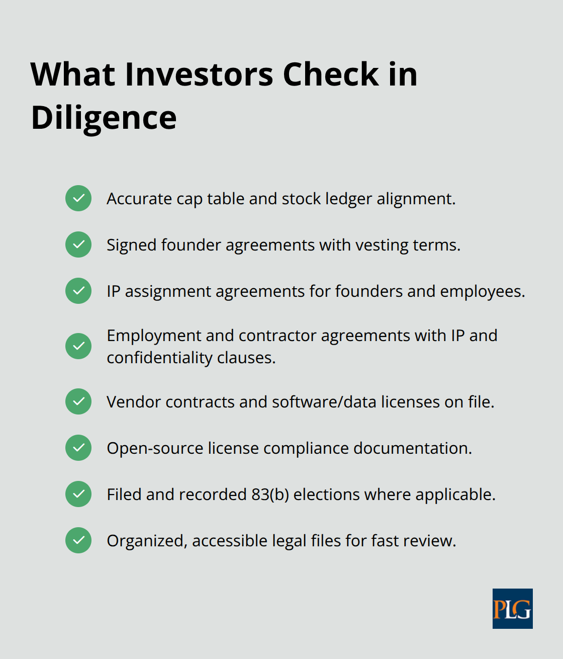Checklist of legal documents and records investors review during due diligence. - SF startup legal guidance