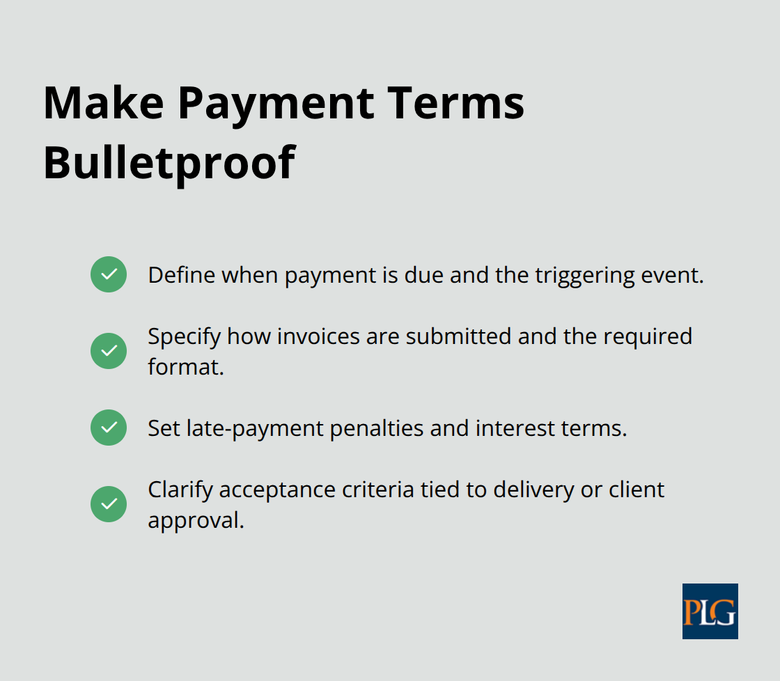 Checklist of specific payment term elements to prevent disputes - Startup contract drafting tips