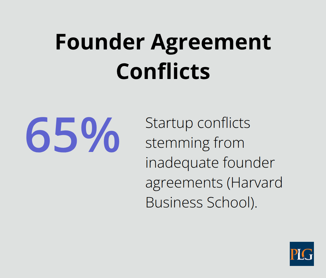 Chart showing 65% of startup conflicts stem from inadequate founder agreements - startup IP and contracts