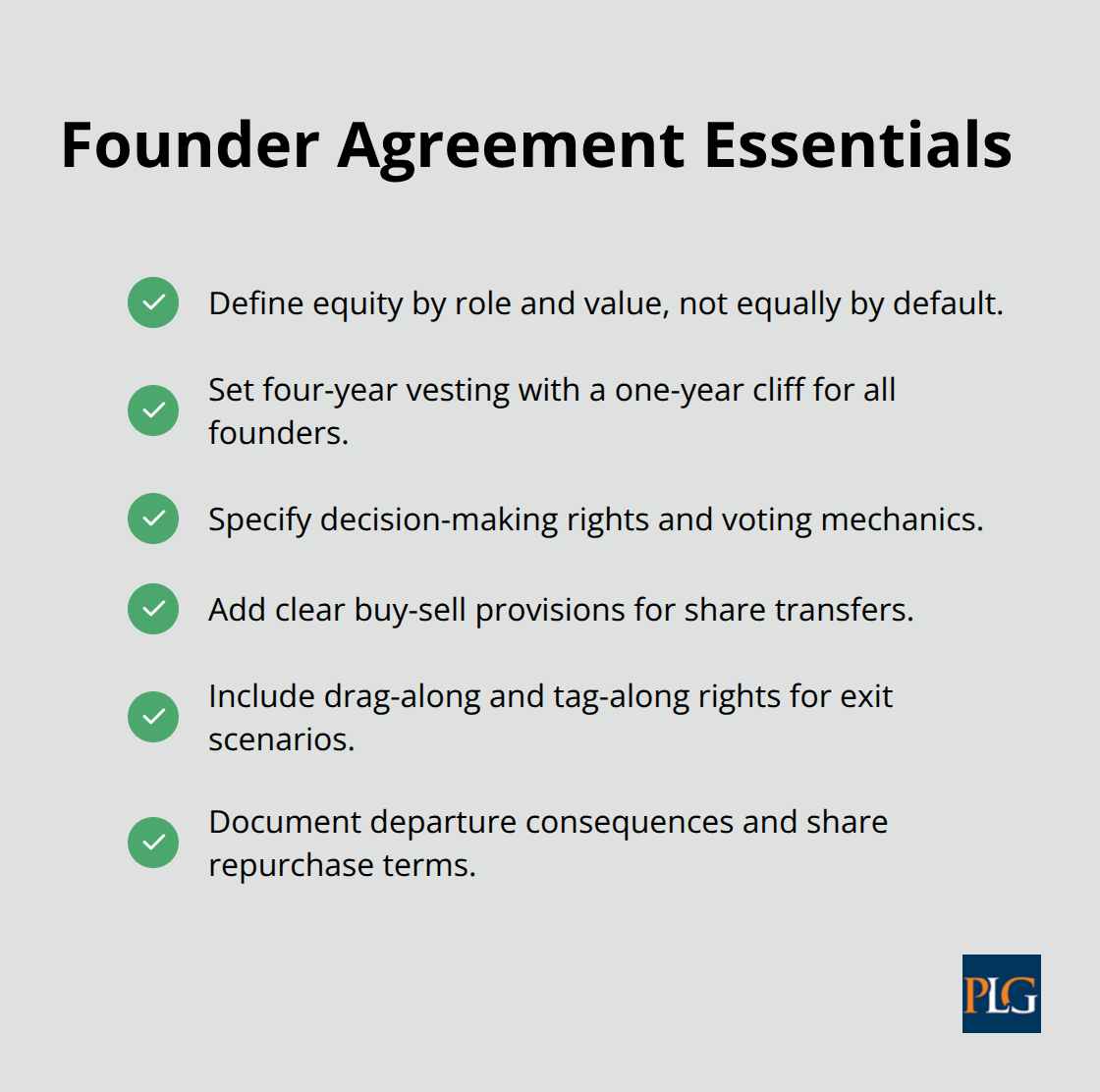 Key provisions to include in a startup founder agreement. - Startup legal checklist