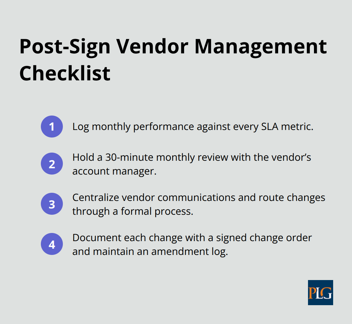 Compact list of four steps to monitor vendor performance and prevent scope creep. - vendor contracts startups