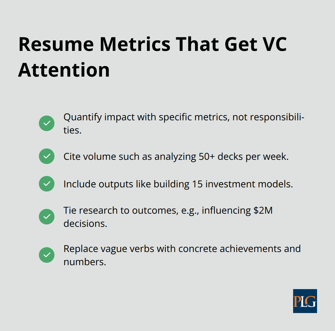 Checklist of quantifiable resume metrics for venture capital internship applications.