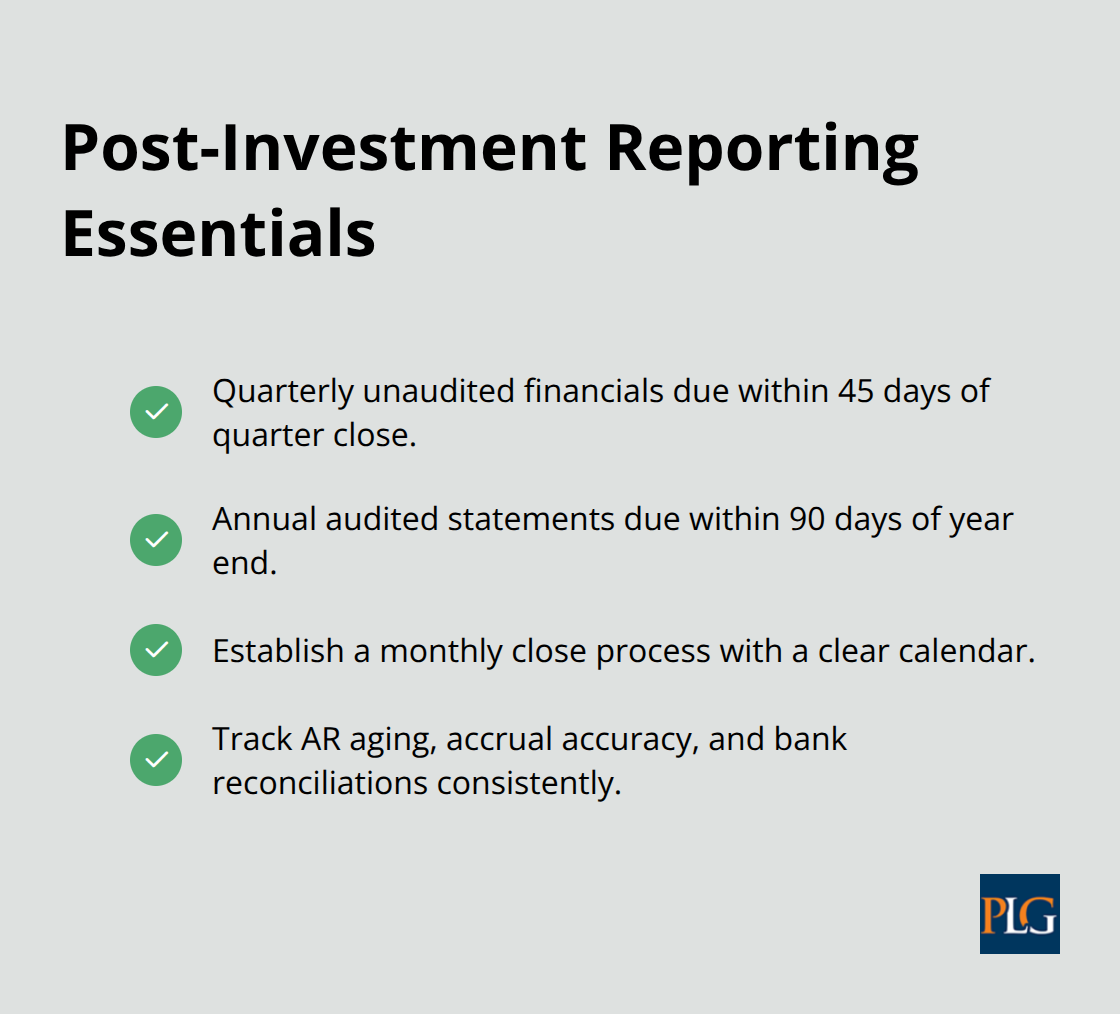 Checklist of reporting cadences and close-process practices after raising a round - Venture financing agreements